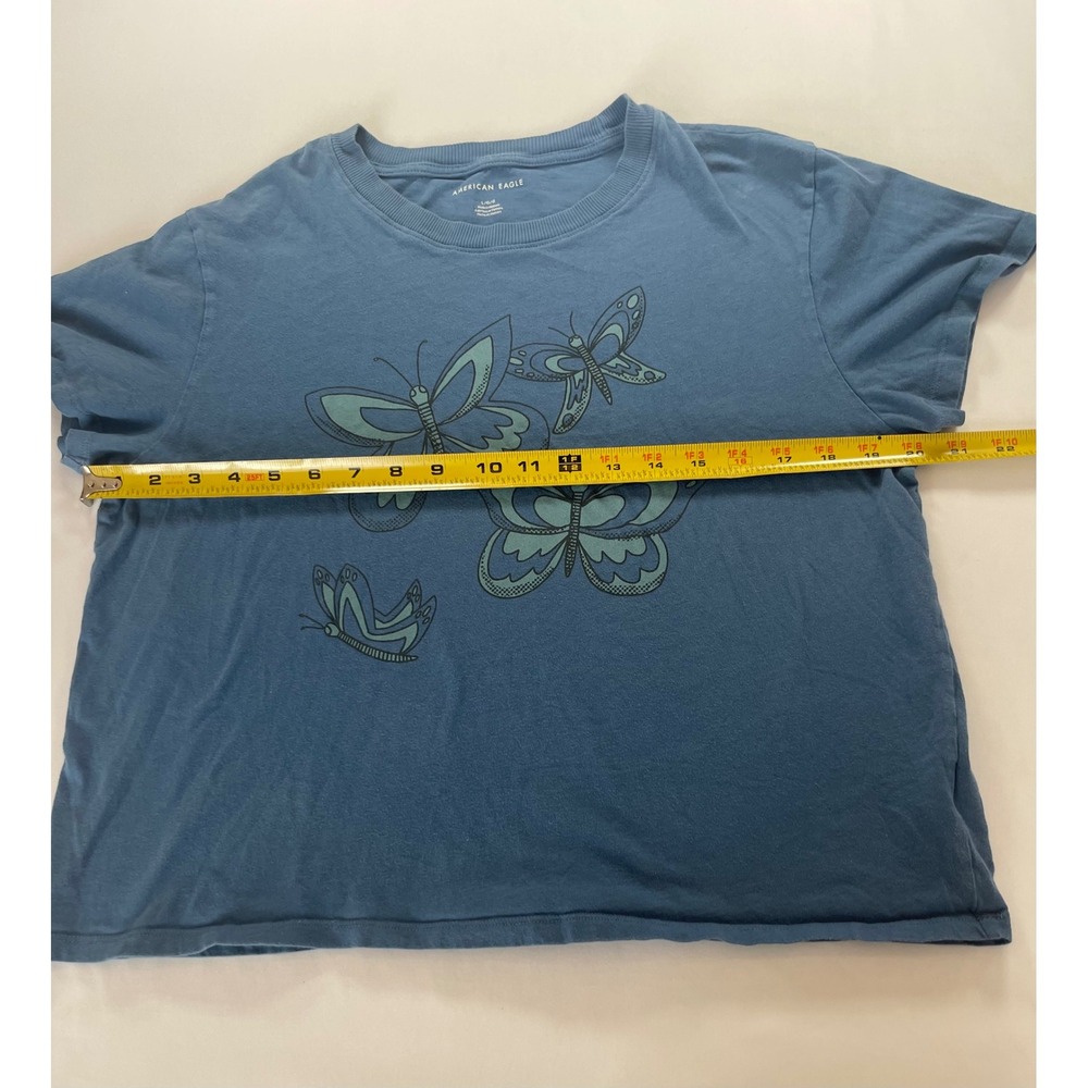 American Eagle Butterfly Graphic T-Shirt Blue Cotton Short Sleeve Boxy Top Large - Picture 4 of 6